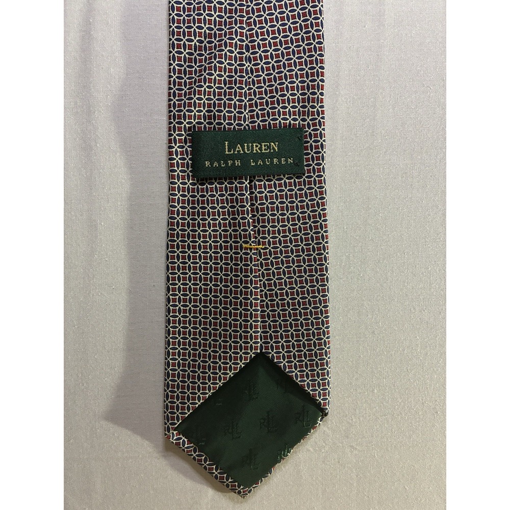 Lauren Ralph Lauren Silk Tie Mens OS Navy Red Excellent Geometric Medallion